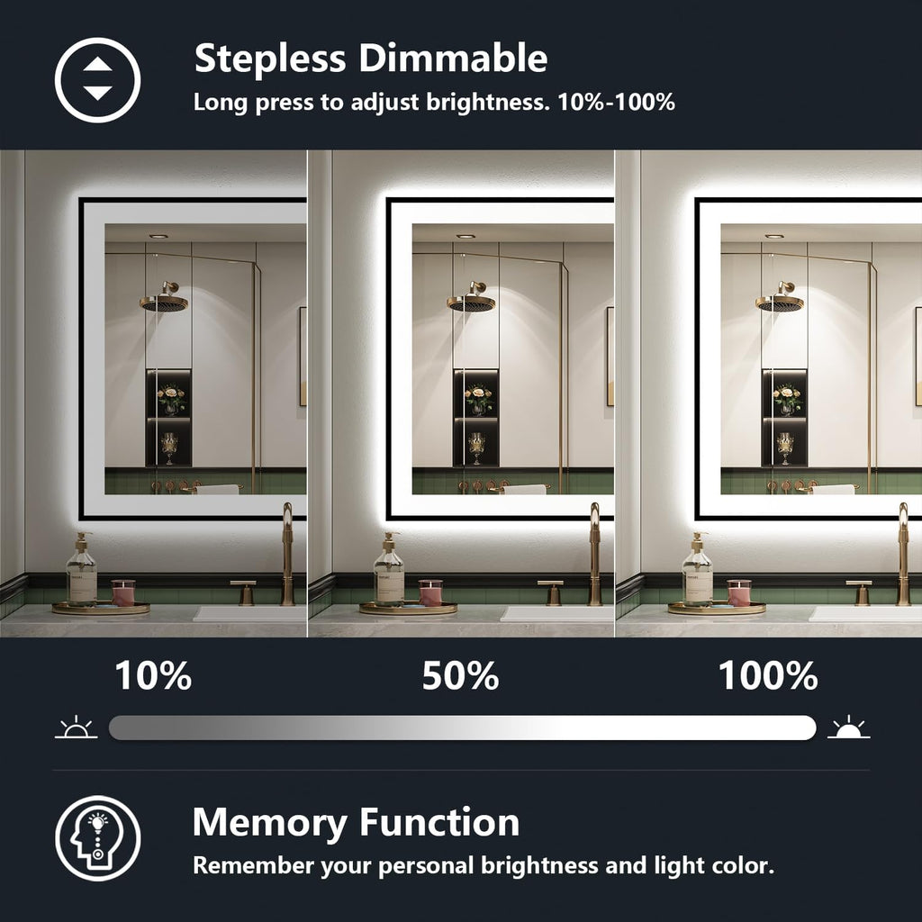 32x36 Inch LED Bathroom Mirror with Lights (Front Lit and Backlit) Black Framed Lighted Vanity Mirror for Bathroom Wall Dimmable Anti-Fog Memory Tempered Glass Horizontal/Vertical