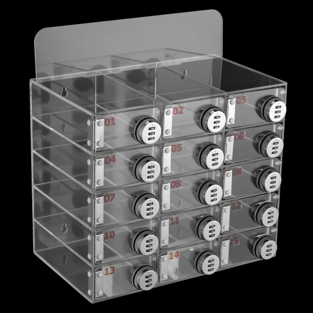 Cell Phone Locker Box 15 Slots Clear Acrylic Cell Phone Organizer Cabinet with Combination Locks Wall-Mounted Locking Cell Phone Storage Box for Classroom Office,Shool,Office (15 Slots, Acrylic)