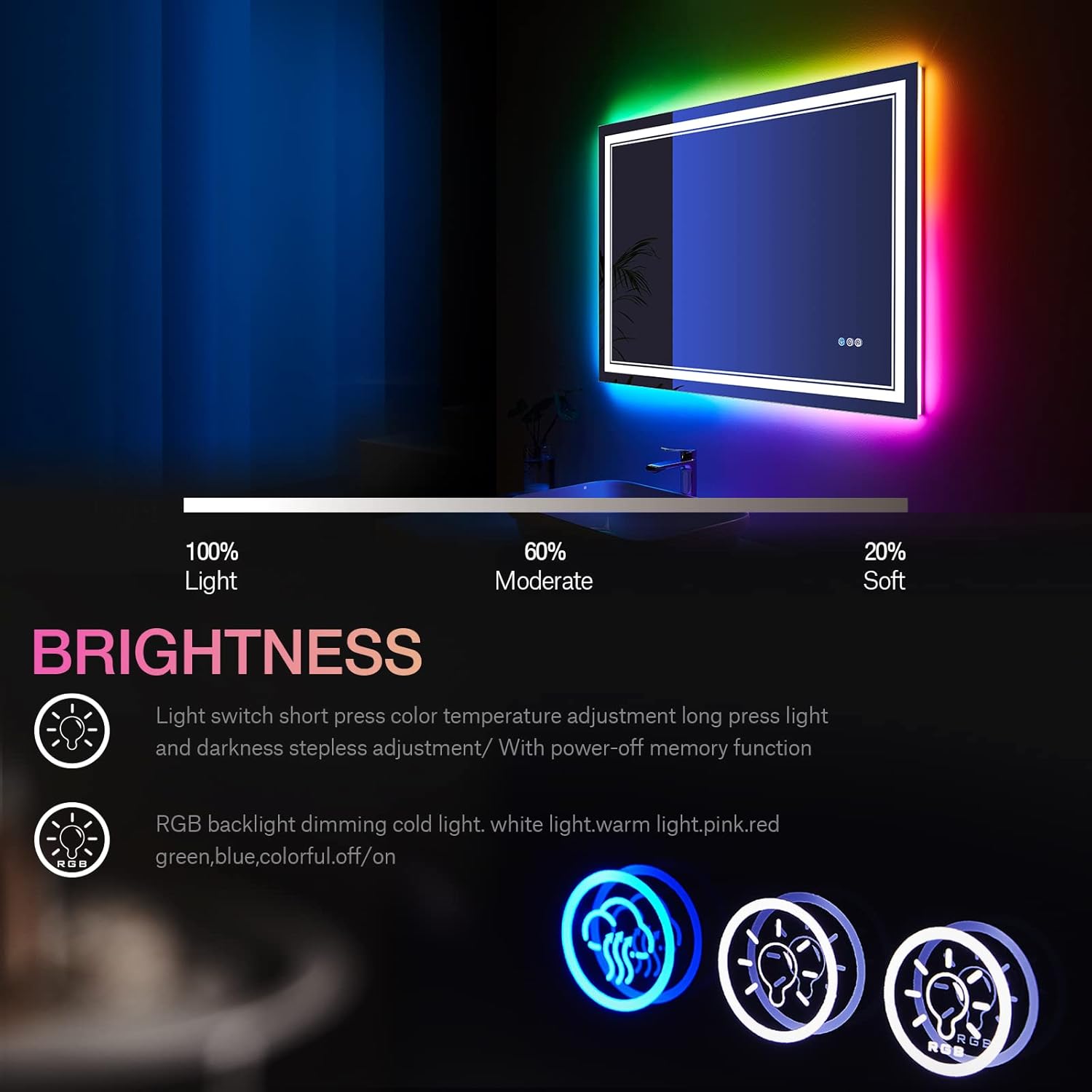 40x24 inch LED Mirror for Bathroom,RGB LED Lighted Bathroom Vanity Mirror with Lights,Shatterproof,Dimmable,Anti-Fog RGB Backlit Mirror (RGB Multicolor Backlit + Front-Lighted)