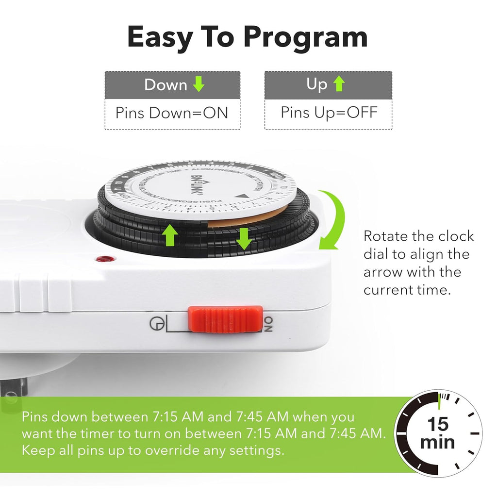 BN-LINK 24 Hour Plug-in Mechanical Timer Grounded for Aquarium, Grow Light, Hydroponics, Indoor Lighting, Home Appliances, ETL Listed 125VAC, 60 Hz, 1875W, 15A, 1/2HP (2 Pack)
