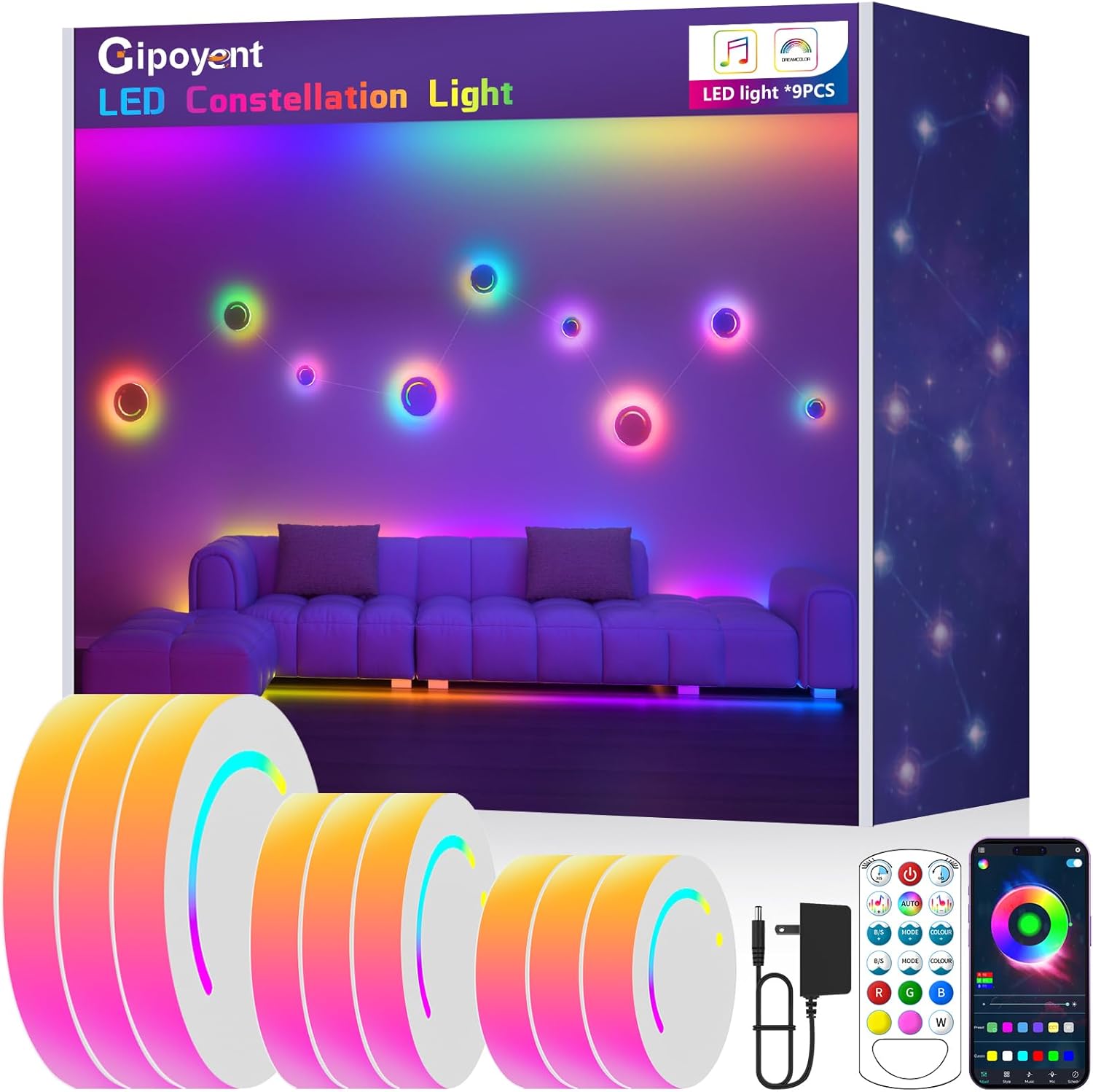 GIPOYENT Smart Wall Light, 9-Piece LED DIY Constellation Light, RGB Color Changing, Music Sync, App & Remote Control, Ambient Lighting for Bedroom, Living Room, Gaming, and Home Decor