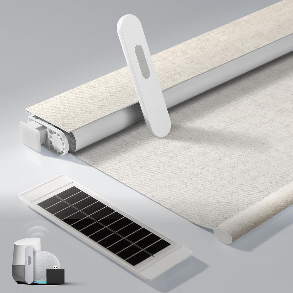 No Drill Motorized Blinds with Remote, Blackout Automatic Blinds with Solar Panel, Cordless Smart Electric Roller Shades for Windows, Beige, 31 x 72