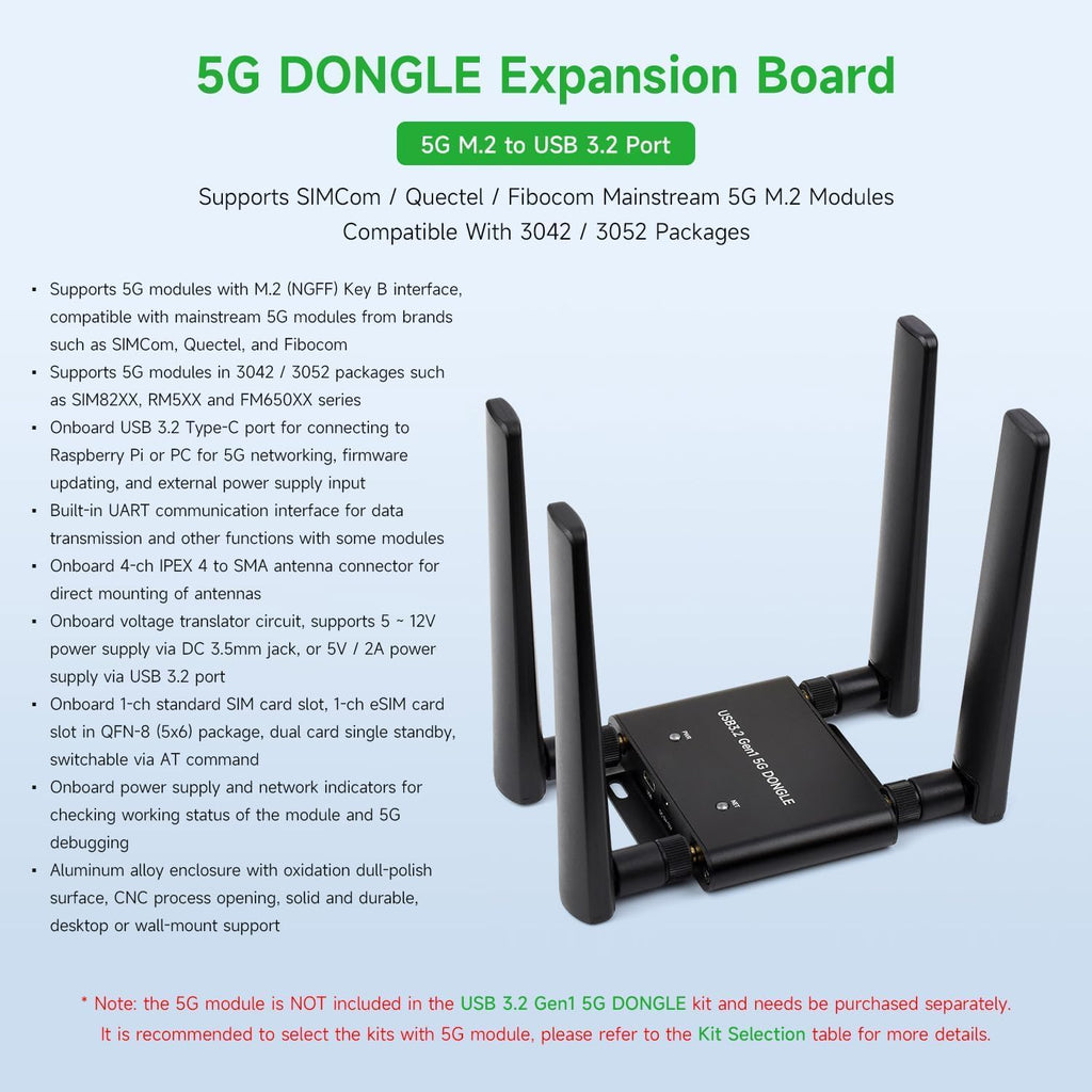 5G DONGLE Expansion Board, USB 3.2 Port, M.2 Key B Interface, Quad Antennas, Aluminum Alloy Case, with Qualcomm RM520N-GL 5G Sub-6G Module, Global Applicable @XYGStudy (RM520N-GL 5G DONGLE (B))