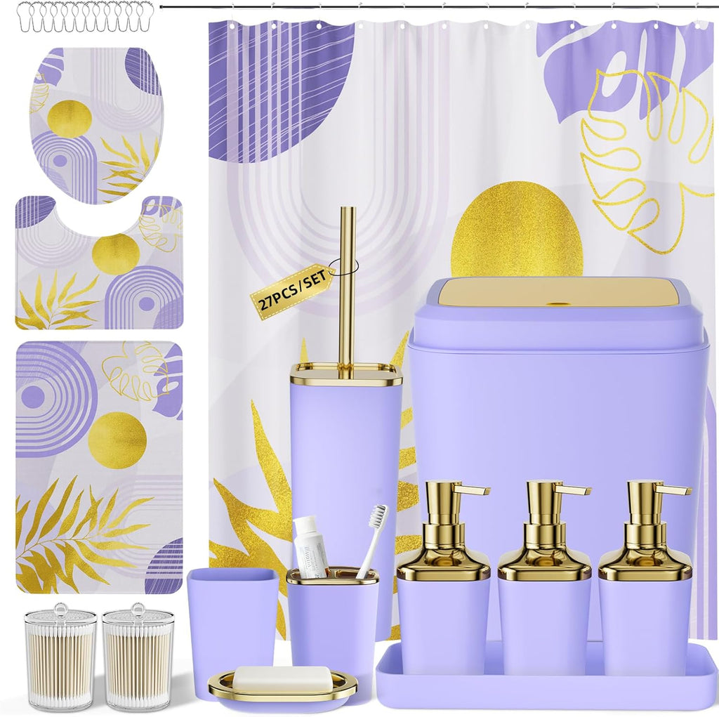 Bathroom Set - Bathroom Sets with Shower Curtain and Rugs, Bathroom Accessory Set, Purple Bathroom Accessories Set with Trash Can, Toilet Brush and Soap Dispensers