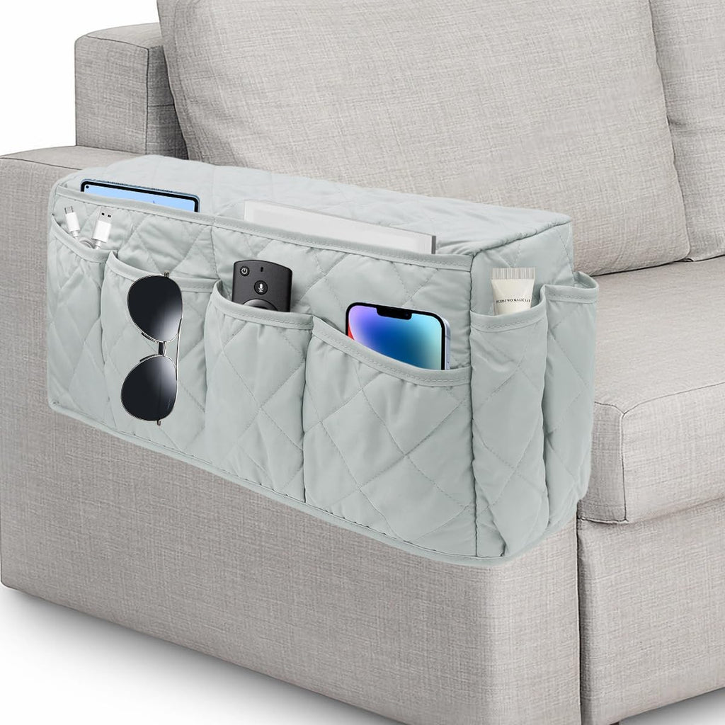 Remote Control Holder, Non Slip Bedside Armchair Caddy, Recliner Arm Caddy Armrest Organizer with 14 Pockets for Cell Phone TV Remote Control Magazines, Light Gray