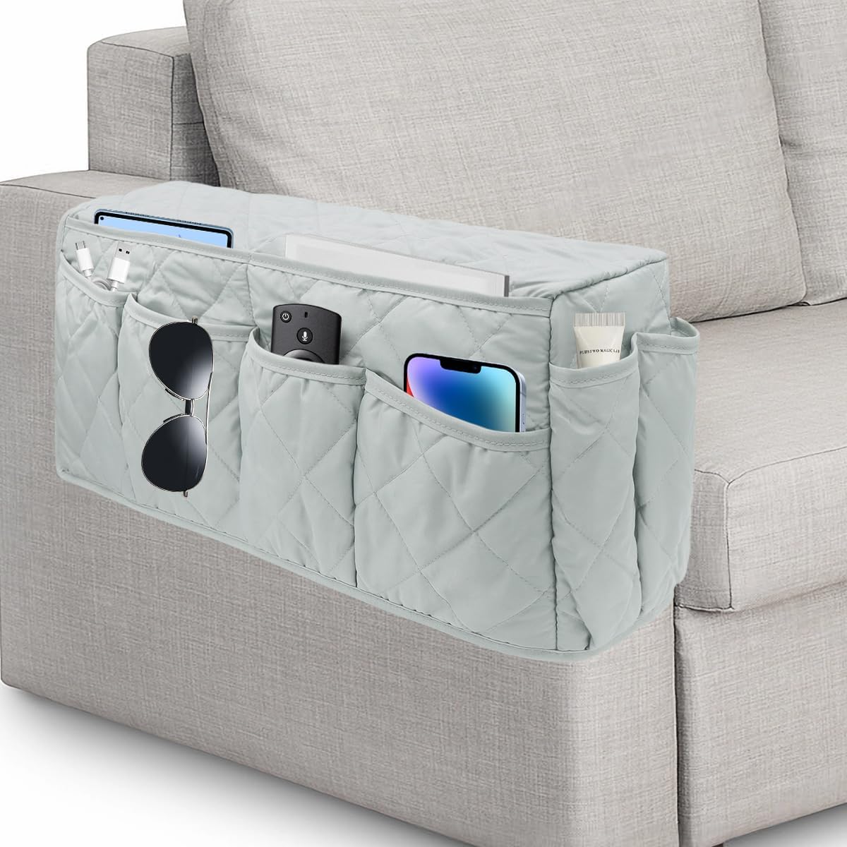 Remote Control Holder, Non Slip Bedside Armchair Caddy, Recliner Arm Caddy Armrest Organizer with 14 Pockets for Cell Phone TV Remote Control Magazines, Light Gray