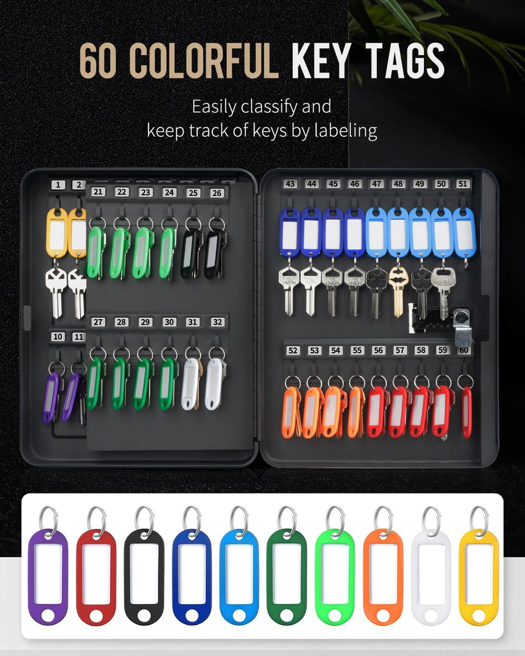 Uniclife 60 Position Key Cabinet with Combination Lock Resettable Black Digital Security Storage Box Steel Key Organizer with Colorful Key Tag Labels Stickers and Hooks