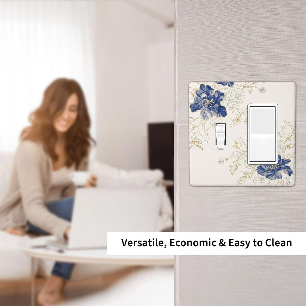 Decorative Outlet Covers Rustic Blue Flower Floral Gold Leaf 2 Gang Light Switch Cover Plate Single Toggle 1 Rocker Wall Plates for Electrical Outlets Switch Plate Covers for Home Decor