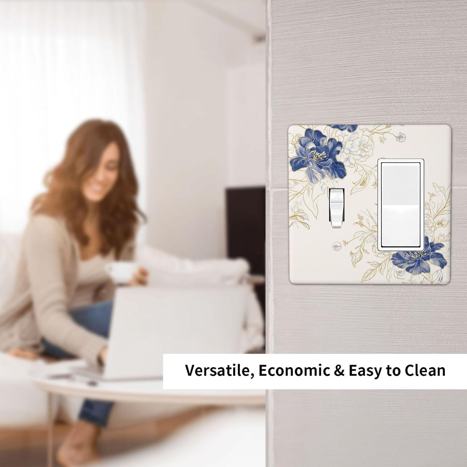 Decorative Outlet Covers Rustic Blue Flower Floral Gold Leaf 2 Gang Light Switch Cover Plate Single Toggle 1 Rocker Wall Plates for Electrical Outlets Switch Plate Covers for Home Decor