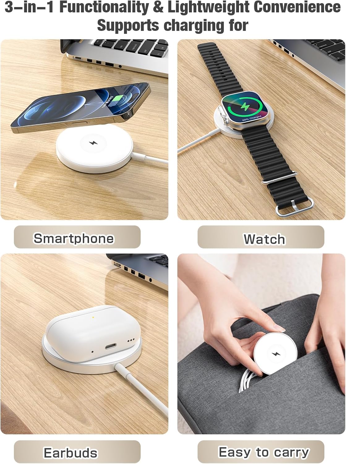 3 in 1 Magnetic Wireless Charging Station, 15W Fast Charger Compatible with iPhone 17/16/15/14/13/12 Series, Apple Watch 9-2/SE, AirPods Pro 3/2/1, for Bedside Desk Travel Home Office (Silver)