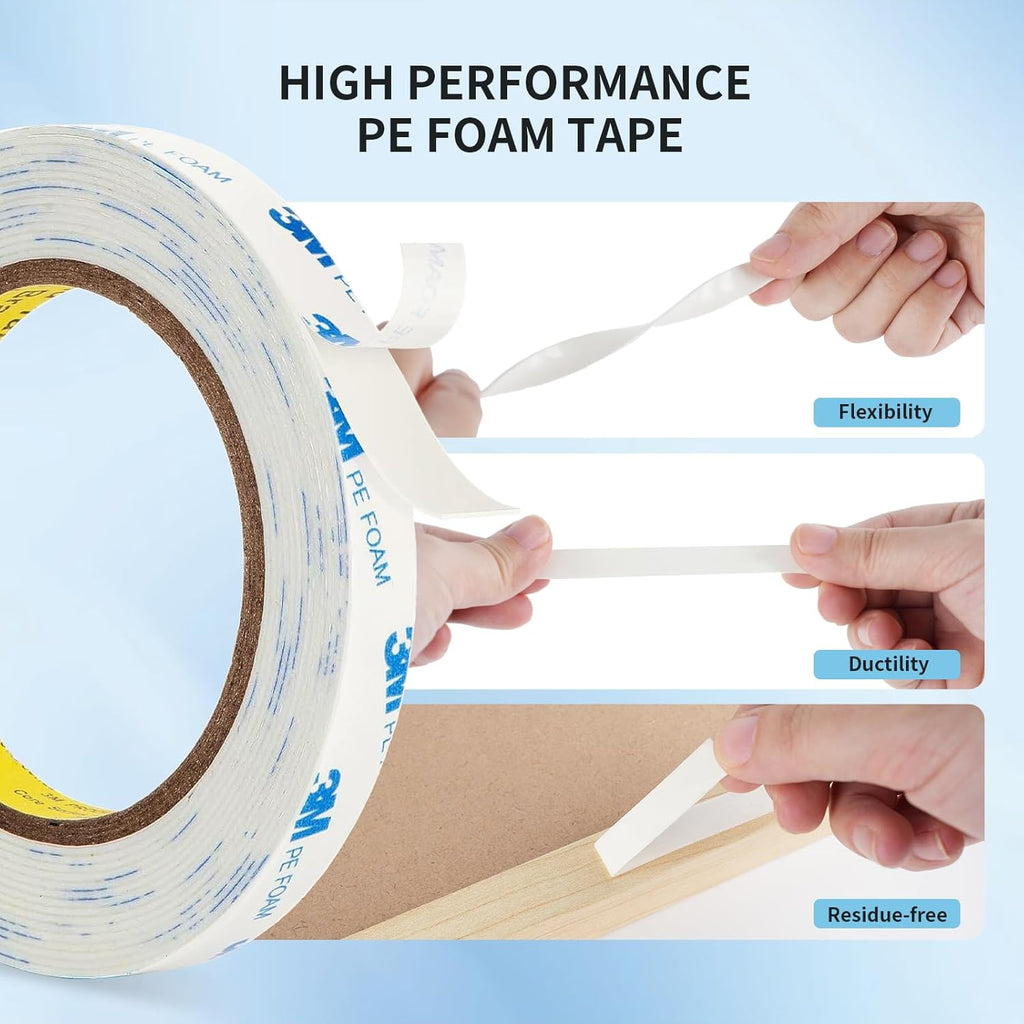 3M 1600T Double Sided Tape, PE Foam Tape 0.39" x 18 Ft White Removable Strong Adhesive No Residue for RV Picture Hanging, Posters Frames Wall Decor Indoor & Outdoor Use