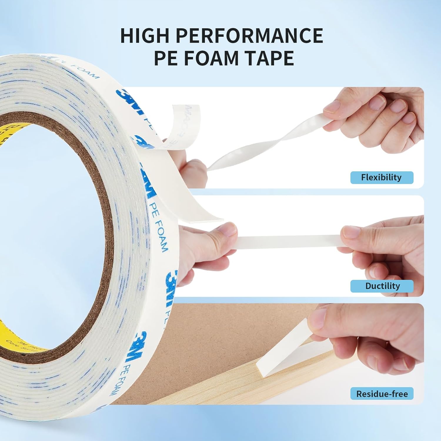 3M 1600T Double Sided Tape, PE Foam Tape 0.39" x 18 Ft White Removable Strong Adhesive No Residue for RV Picture Hanging, Posters Frames Wall Decor Indoor & Outdoor Use