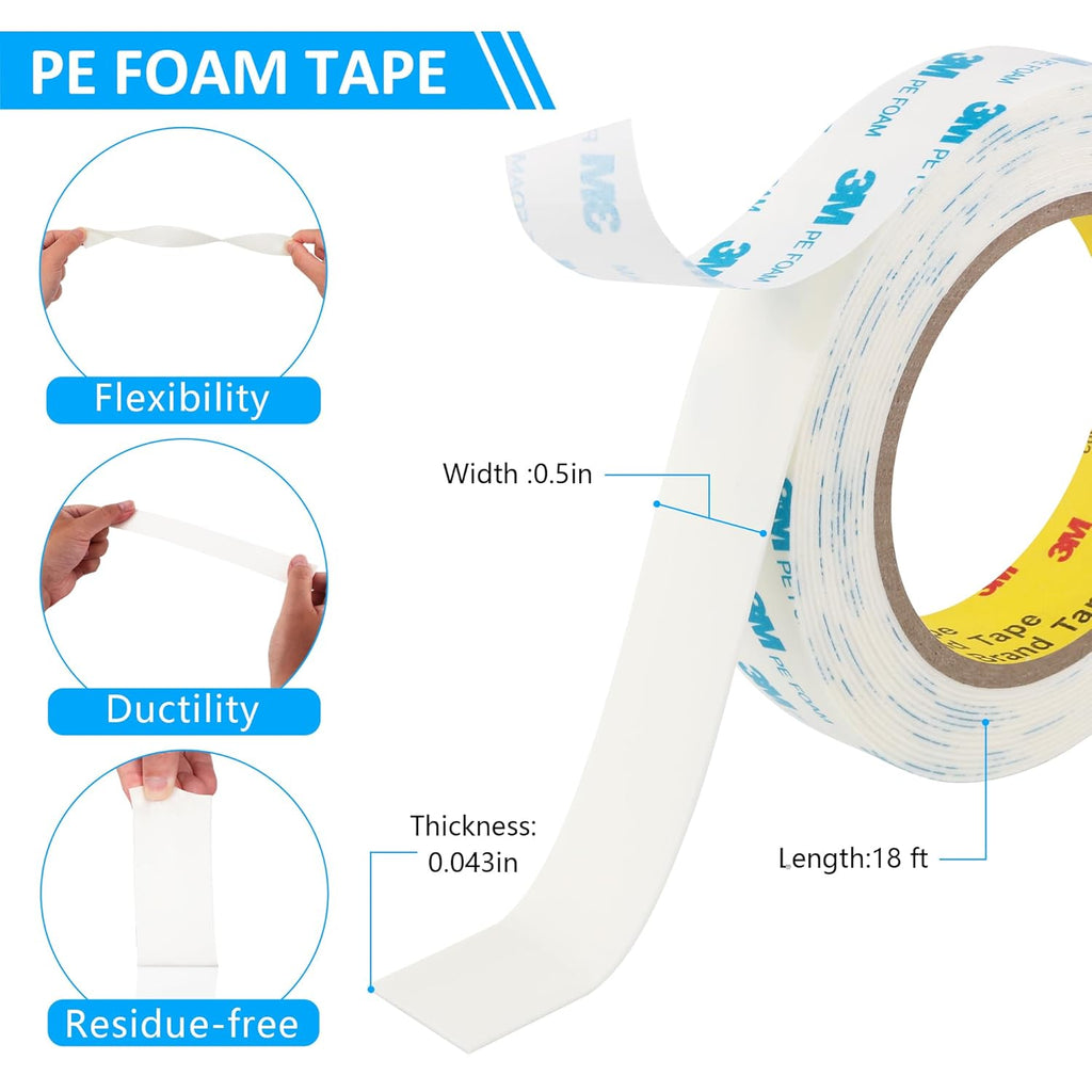3M 1600T Double Sided Tape, PE Foam Tape 0.39" x 18 Ft White Removable Strong Adhesive No Residue for RV Picture Hanging, Posters Frames Wall Decor Indoor & Outdoor Use(2 Pack)