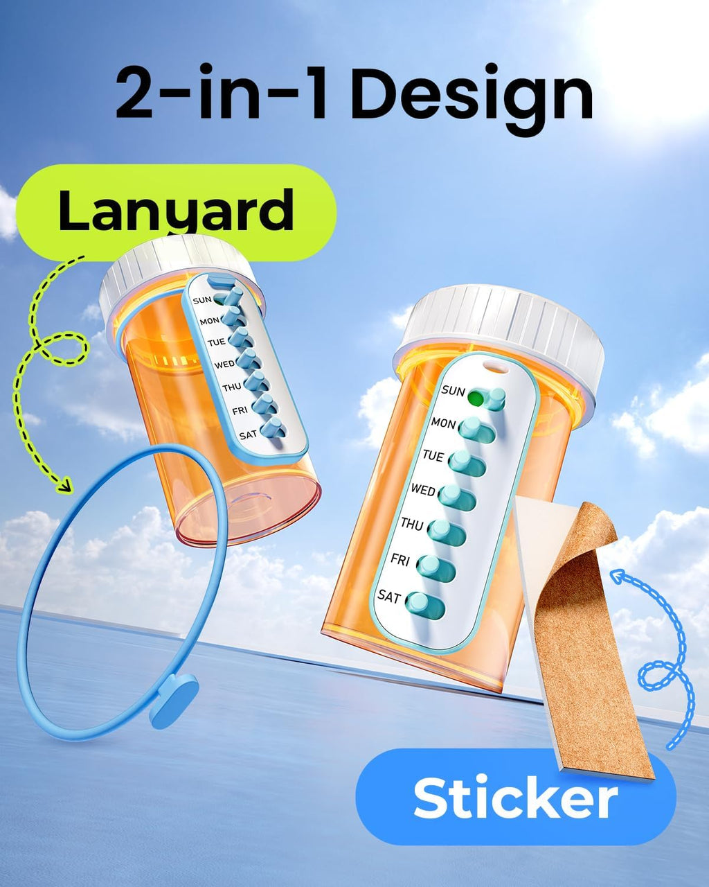 Odaro 2 Pack Pill Reminder, Lanyad or Sticker Pill Tracker, Work with Most Bottles, Reusable Medication Tracker Replacement of Vitamin Weekly (7 Day) Medicine Organizer