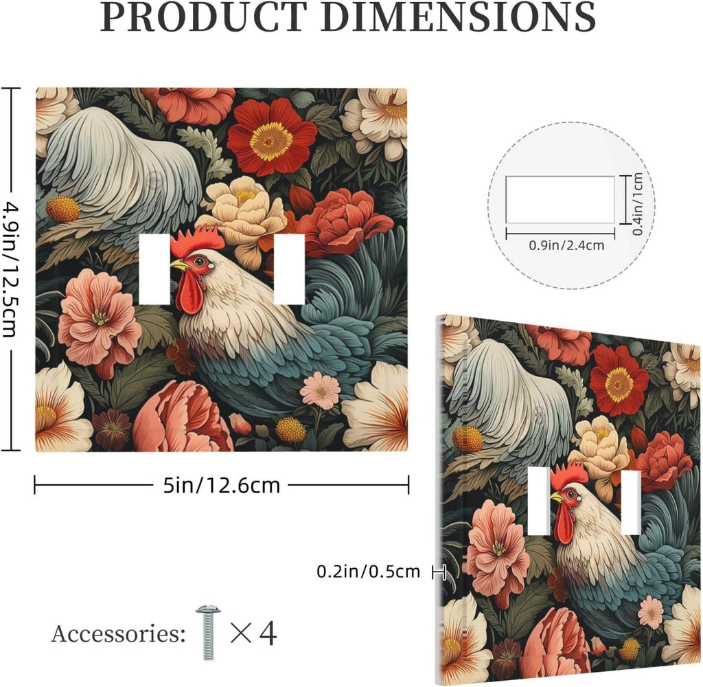 Decorative Switch Plates Rooster Flowers Red White Chicken Floral 2 Gang Double Toggle Outlet Light Switch Cover Wall Plate Electrical Faceplate for living Room Farmhouse Decor