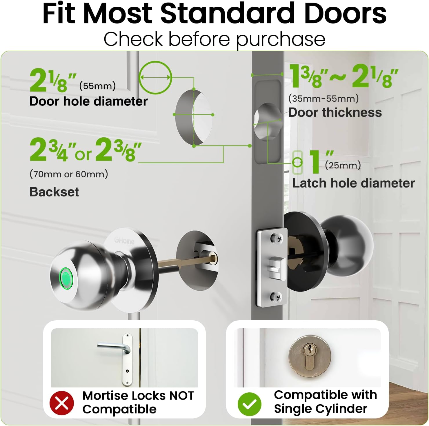 GHome Smart Fingerprint Door Lock, 3 in 1 Smart Fingerprint Door Knob with App Control & Key, Auto Lock, Biometric Door Knobs with Lock for Bedroom, Garage, Home & Office