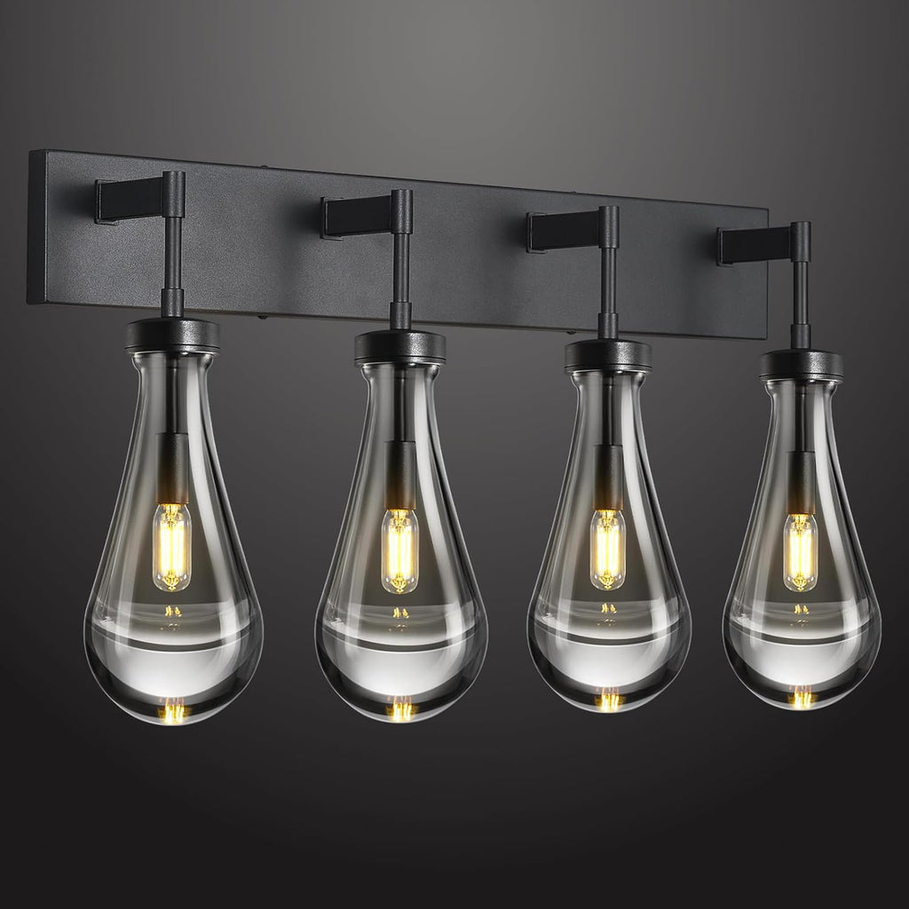 Raindrop Wall Sconces Black Crystal Sconces Wall Decor Modern Lighting Glass Bathroom Sconces Indoor Vanity Light Wall Lamp for Bedroom Living Room Stair(4-Light)