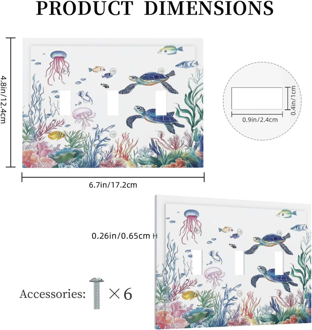 Blue Sea Turtle Ocean Fish Octopus Coral Decorative Switch Plates 3 Gang Wall Plate Triple Toggle Light Switch Cover Faceplate Electrical Wall Panels For Bathroom Kids Room Decor