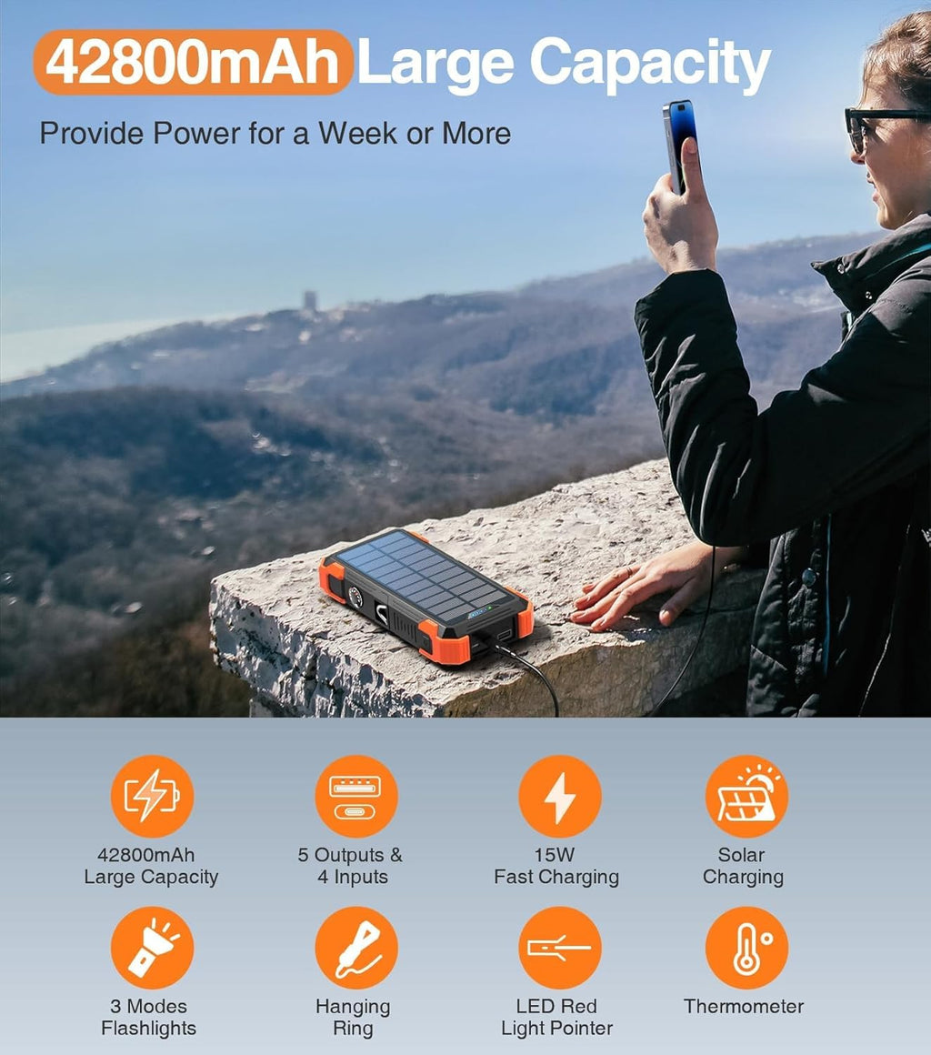 Solar Charger Power Bank, 42800mAh Wireless Portable Charger with USB-C in/Output, QC3.0 Fast Charging 15W 4 Ports Outdoor Battery Pack Built-in LED Flashlight, for iPhone, Galaxy, iPad etc