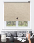 Motorized Roller Shade with Remote Control, 100% Blackout Electric Blinds for Windows with Alexa Google Home via Hub, Rechargeable Smart Automatic Customized Size（Texture-Coffee）