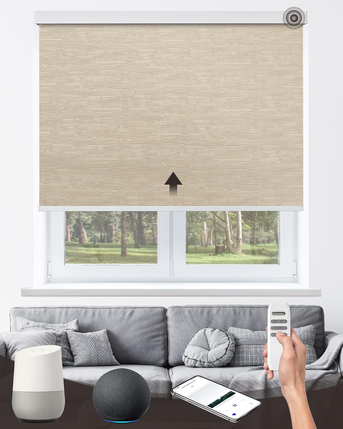 Motorized Roller Shade with Remote Control, 100% Blackout Electric Blinds for Windows with Alexa Google Home via Hub, Rechargeable Smart Automatic Customized Size（Texture-Coffee）