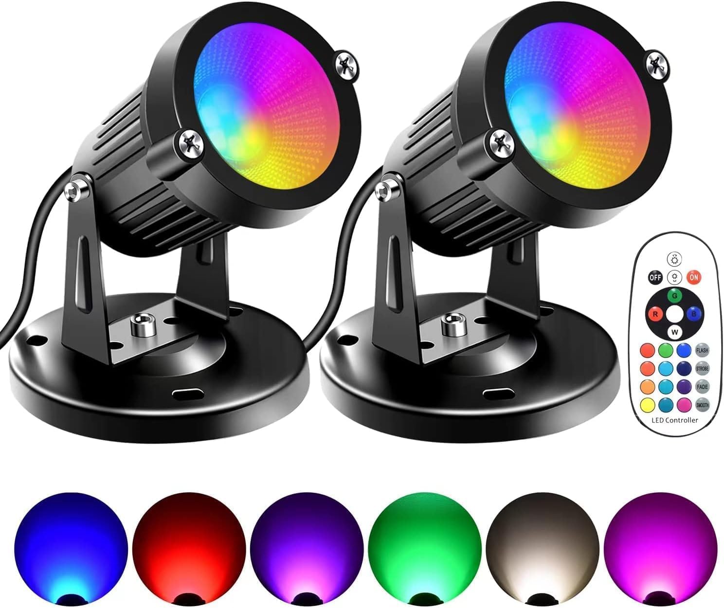 Christmas Spot Lights Indoor, 5W RGBW Uplighting 16 Color Changing Up Lights Indoor with Remote Control, Plant Spotlight Decorative (2 Pack with Base and Stake)