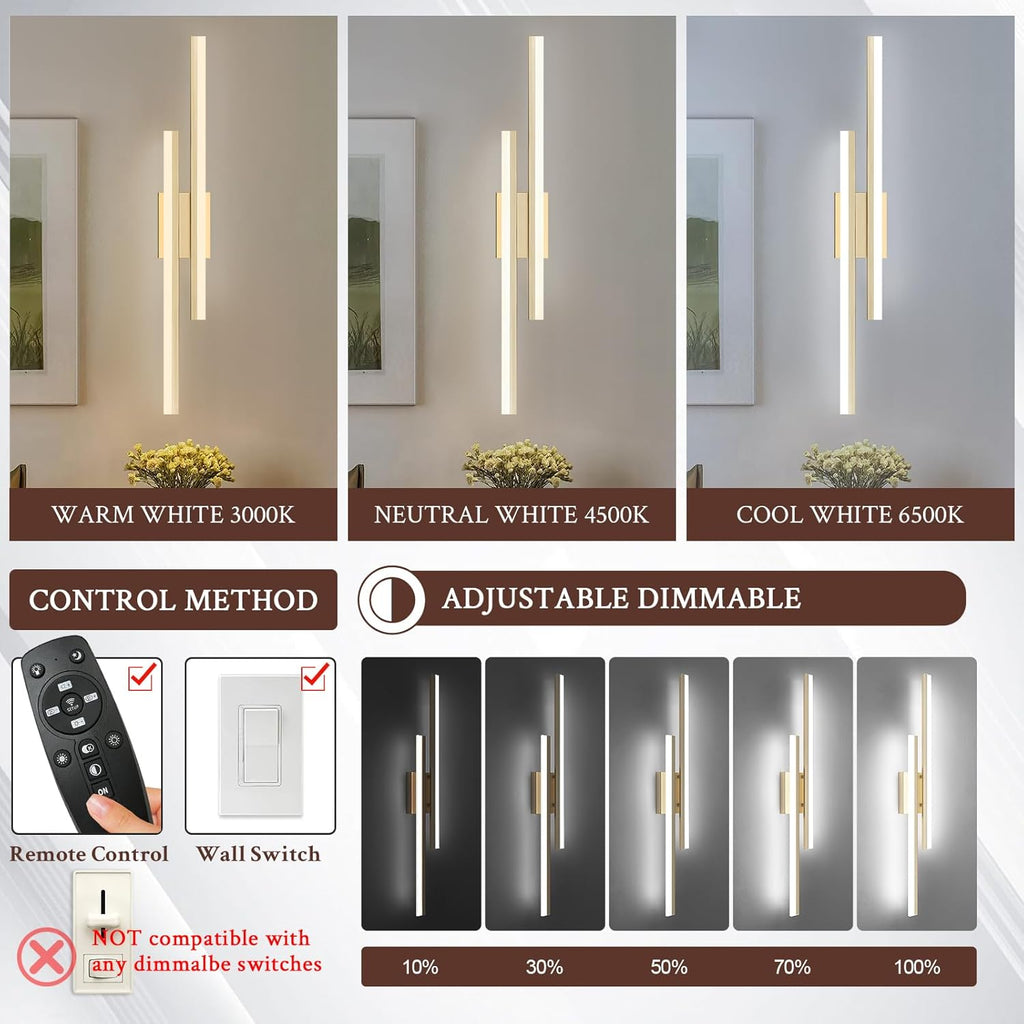 LED Wall Sconce Gold Modern Remote Wall Light Fixtures for Living Room, Dimmable LED Vanity Light Indoor Remote Wall Sconce for Bedside Bedroom Bathroom Dining Room, 31.5inch 1 Pack