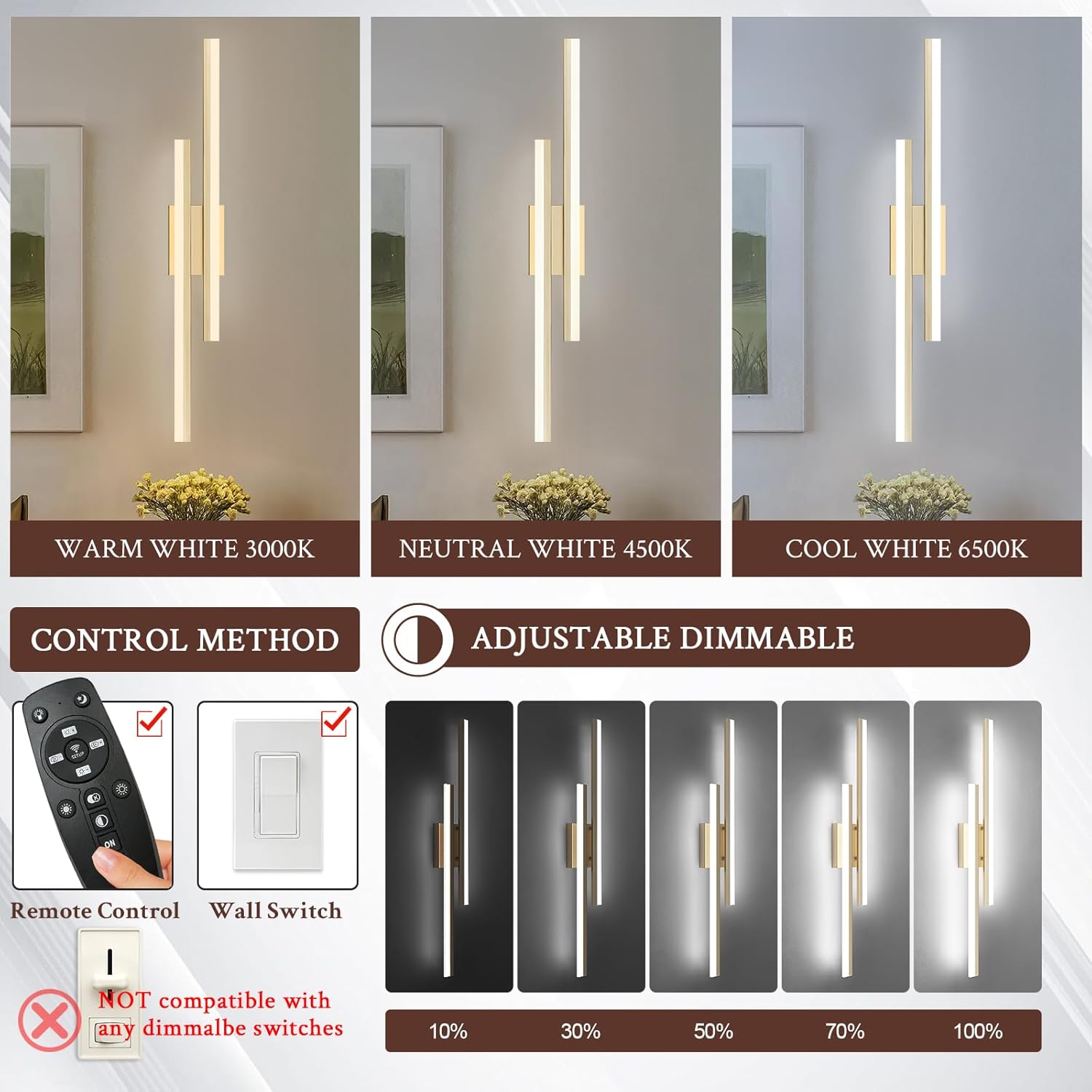 LED Wall Sconce Set of 2 Gold Remote Modern LED Vanity Lights Set of 2 Indoor Wall Light Fixtures for Living Room, Dimmable Wall Sconce for Bedside Bedroom Bathroom, 31.5inch 2 Pack