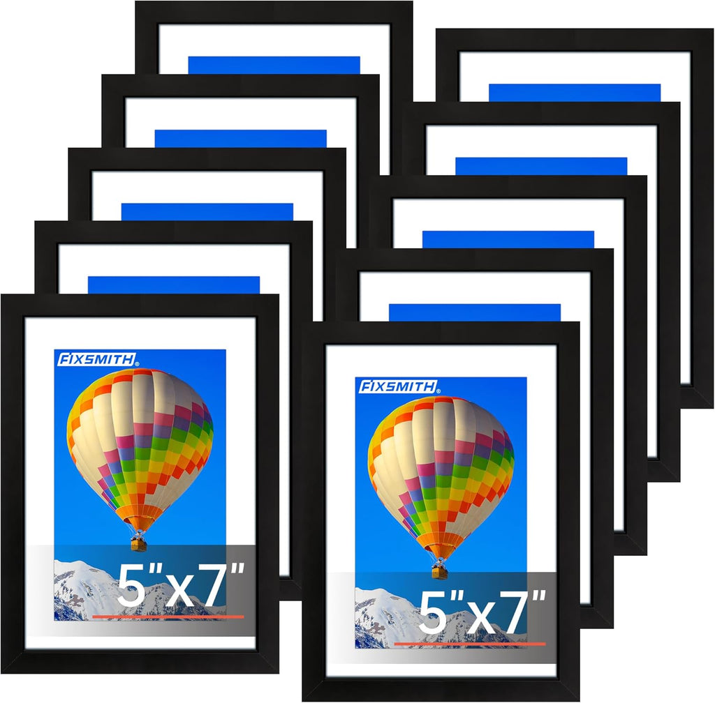 FIXSMITH 5x7 Picture Frame Set of 10, Black Photo Frames Bulk with HD Plexiglass, Display Pictures 4x6 with Mat or 5x7 Without Mat, Multi Picture Frames Collage for Tabletop or Wall Display