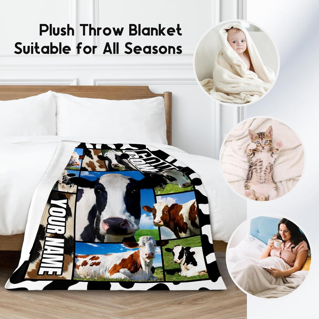 Custom Cow Blankets and Throws, Personalized Cow Gifts for Women Girls, Soft Fluffy Fuzzy Farmhouse Blanket Country Home Decor, 40"x50" Animal Pattern Throw for Couch Sofa