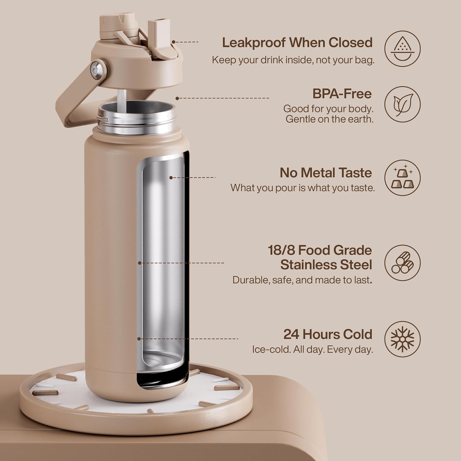 ENCOOL Insulated Water Bottle with Straw Stainless Steel Water Bottle, Leak-Proof, BPA-Free, Double Wall Vacuum Keeps Cold for 24 Hours for Sports, Travel, School (32 oz, Raw Umber)
