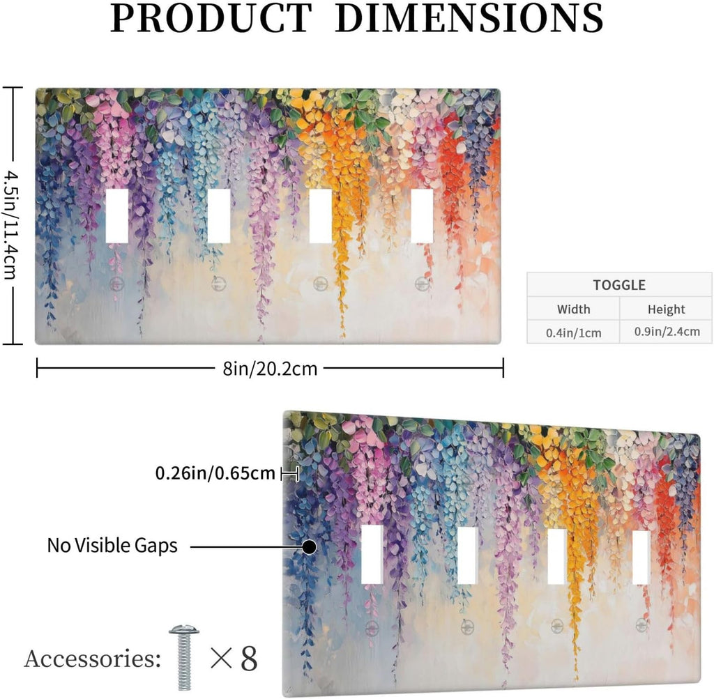 Colorful Wildflower Wisteria Cascade Floral Flower Light Switch Covers Quad Toggle Electrical Faceplate 4 Gang Wall Plate Decorative Switch Plates Cover for Bedroom Living Room Decor