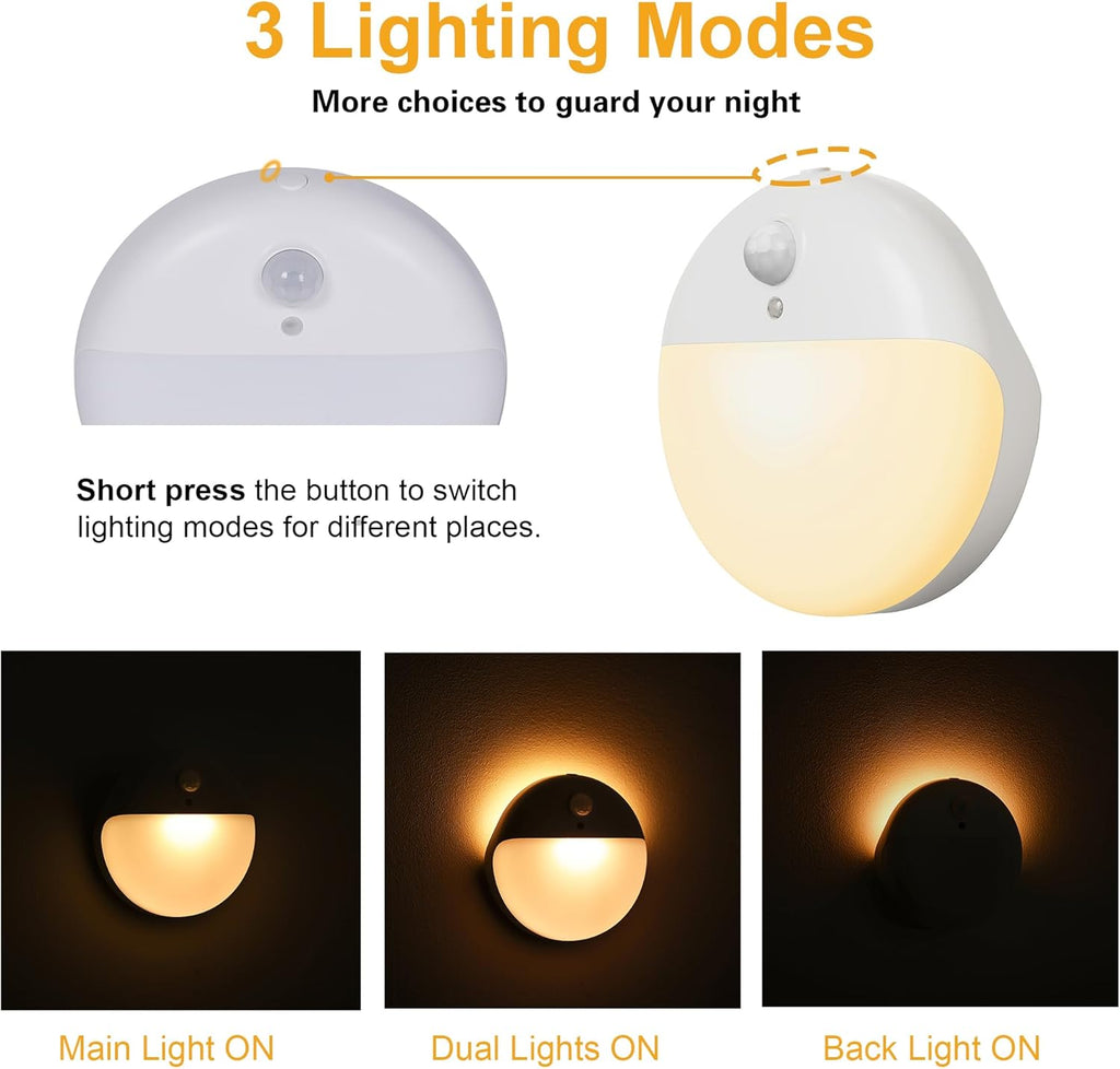 2 Pack Toliet Lights, 2.6" Small Motion Sensor Battery Night Light, Dimmable LED Nightlight, 3 Light Modes, Stick on Lights for Bathroom, Travel, Stairs, Cabinet, Bedroom, Kids, Warm Yellow