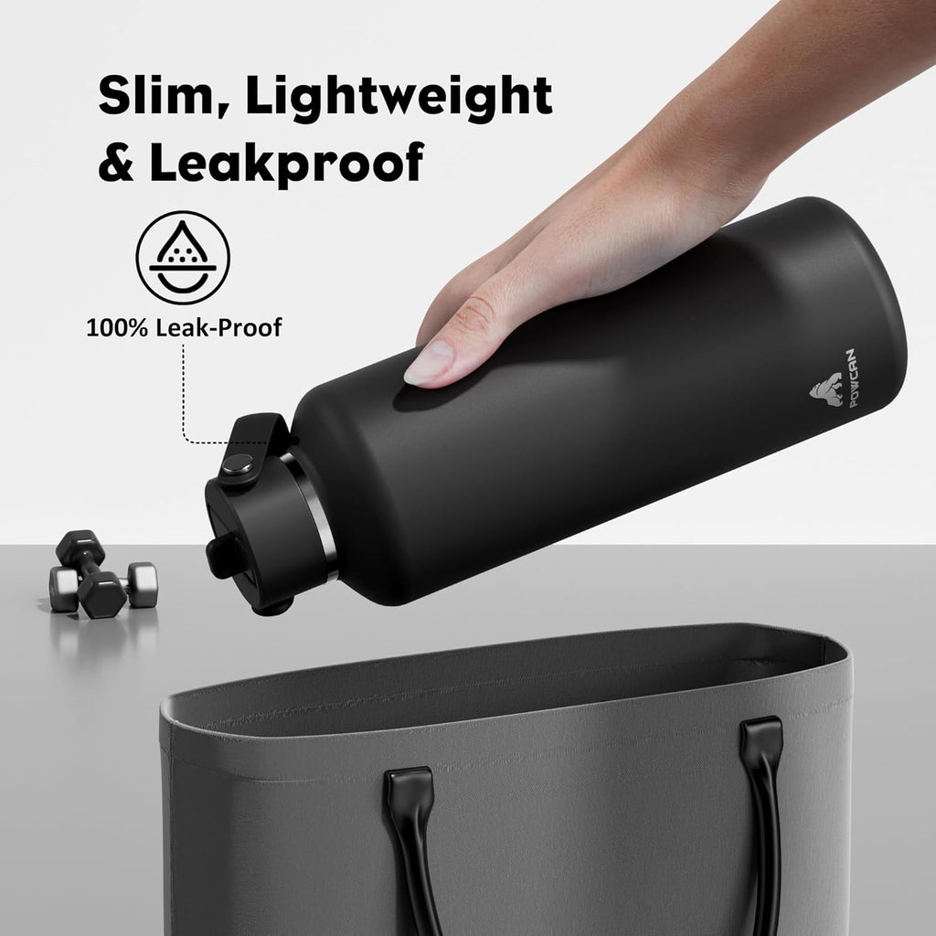 POWCAN 32 oz Insulated Water Bottle with Straw: Leakproof, Top Handle, Keep Cold 24H, BPA-Free, Double Wall Stainless Steel Water Bottle for Travel, Sport, Gym, Outdoors, Camping (Midnight Black)