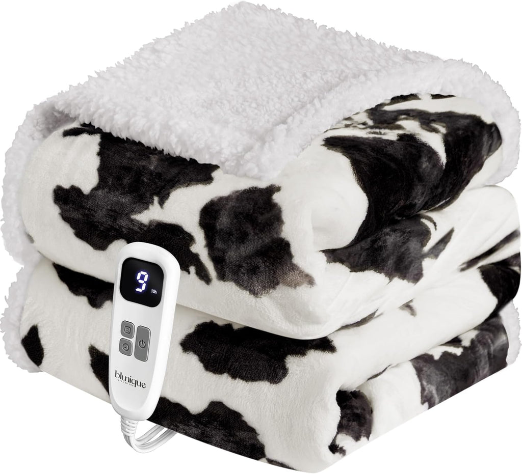 Heated Blanket Throw Electric Blanket – Fast Heating Blanket with 10 Heat Settings & 10 Hours Auto Off, Cow Print Blanket Cozy Soft Fleece Sherpa, Washable, Warm Gifts for Grandma
