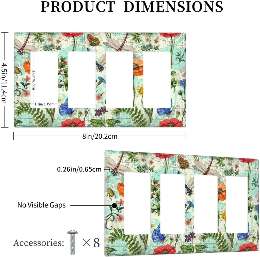 Dragonflies Flowers Butterfly 4 Gang Quad Rocker Outlet Light Switch Cover Decorative Wall Plate Cover For Home Living Bedroom Kitchen Decorative