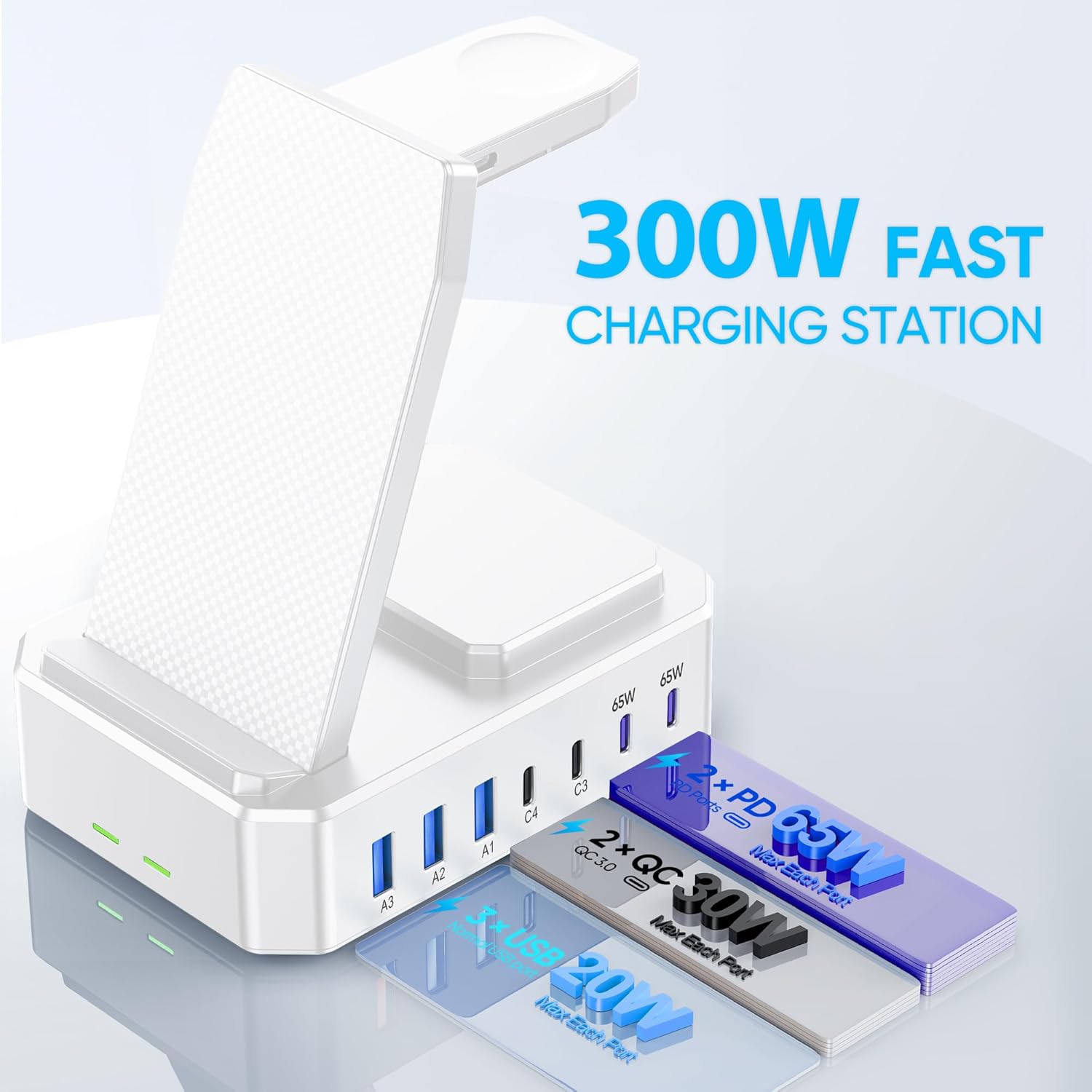 300W Charging Station for Multiple Devices Apple, Zutspzss 10 in 1 Wireless Charger for iPhone 17, GaN III USB C 65W PD Fast Charging Stand Dock for MacBook, Apple Watch&Airpods,White
