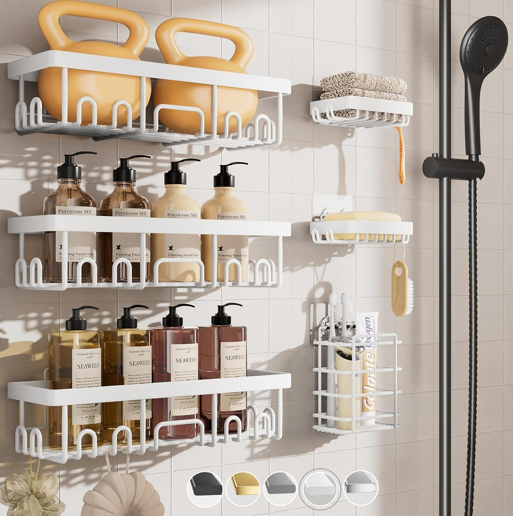 Veken 6-Pack Rustproof&Waterproof Shower Caddy, Adhesive Shelves Rack with Soap Holder, Large Bathroom & Washroom Organizer, No Drilling Wall-Mounted Kitchen&Home Decor,Ideal for Bathtub Storage,White