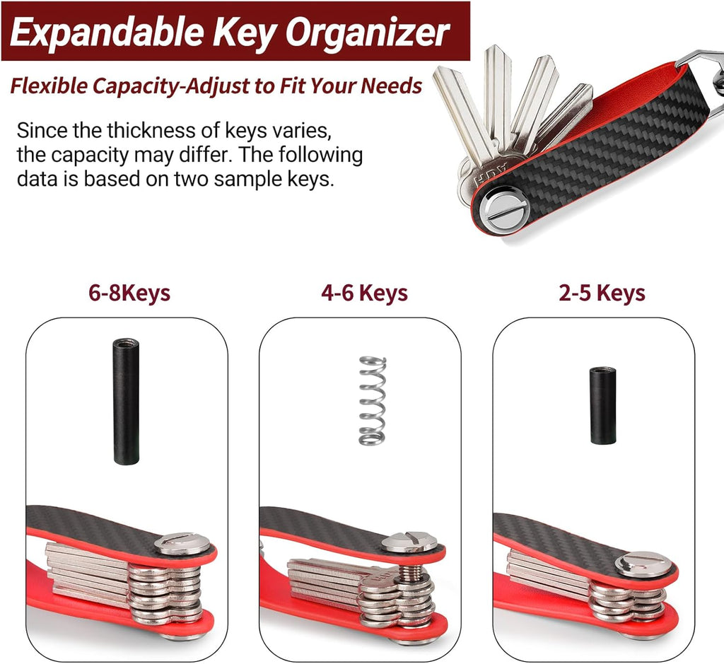T-carbon Key Organizer, Carbon Fiber Leather Compact Key Holder, Silent Keychain, Expandable Key Case Holds Up to 8 Keys