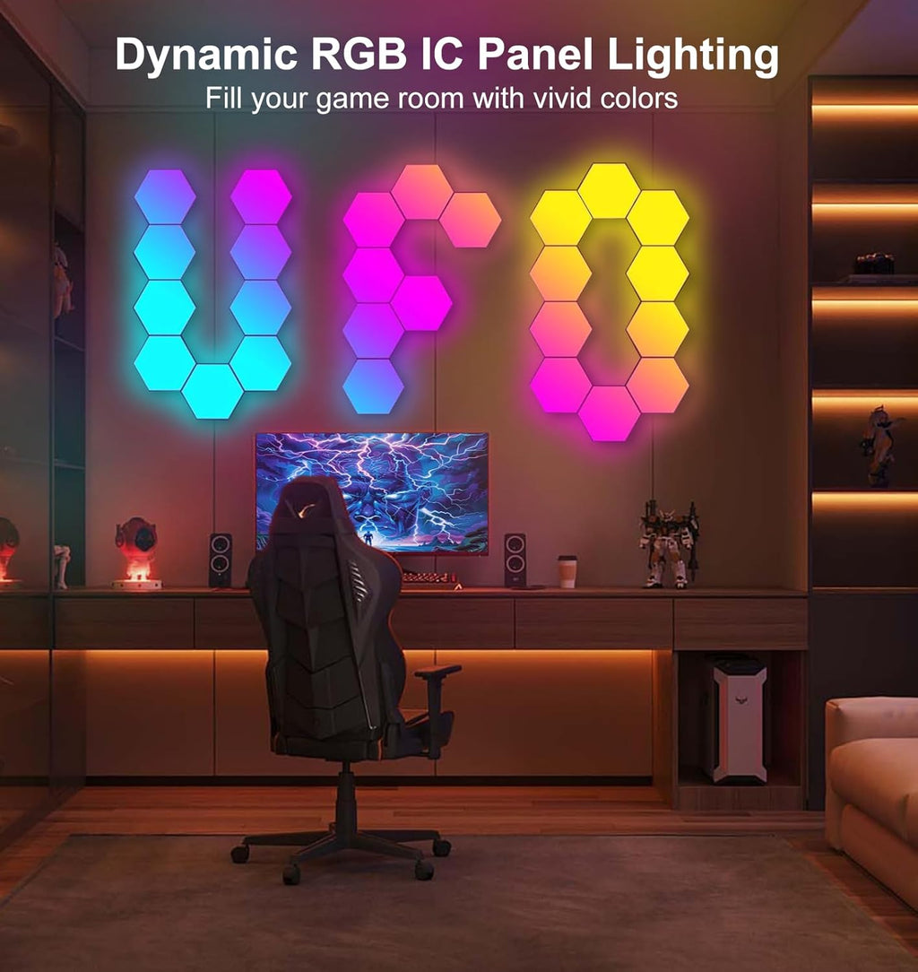 Hexagon LED Lights for Gaming Setup, Smart Home Gaming Lights Room Decor Work with Alexa Google Assistant, 14 DIY LED Panels for Wall Voice App Control Music Sync for TV Bedroom Aesthetic Decor Gift