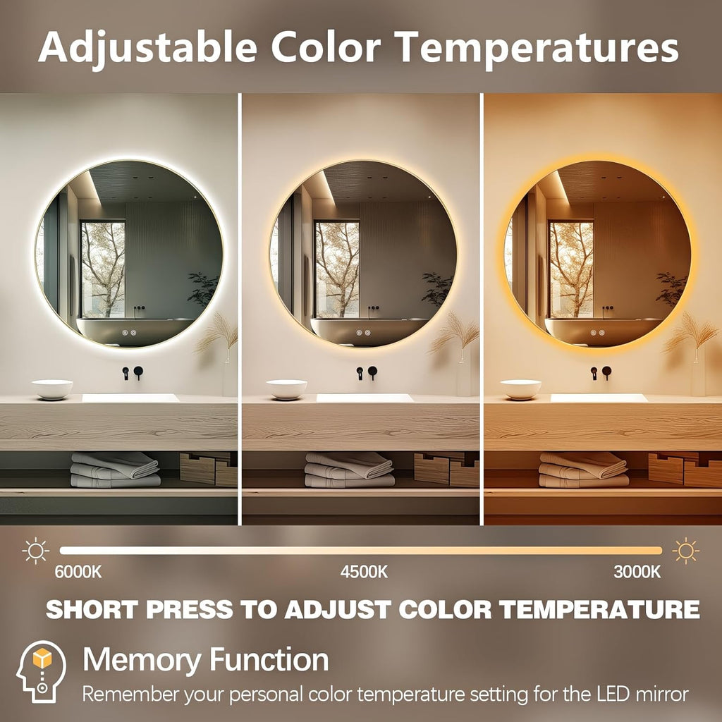 Niccy Round Led Mirror for Bathroom, 40" Backlit Mirrors for Wall Circle Lighted Mirror with Old Gold Frame Anti-Fog, 3 Colors, HD Glass and IP65 Waterproof