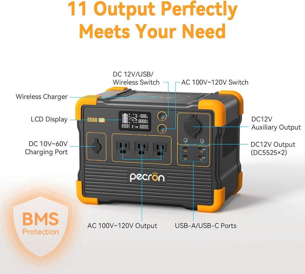 Pecron E600LFP Portable Power Station (2025 New), 614Wh LiFePO4 Battery Backup, 1200W AC Outlet/Max 100W USB-C Output, Solar Generator(Solar Panel Optional) for Camping, Emergency, Home, RV (No UPS)
