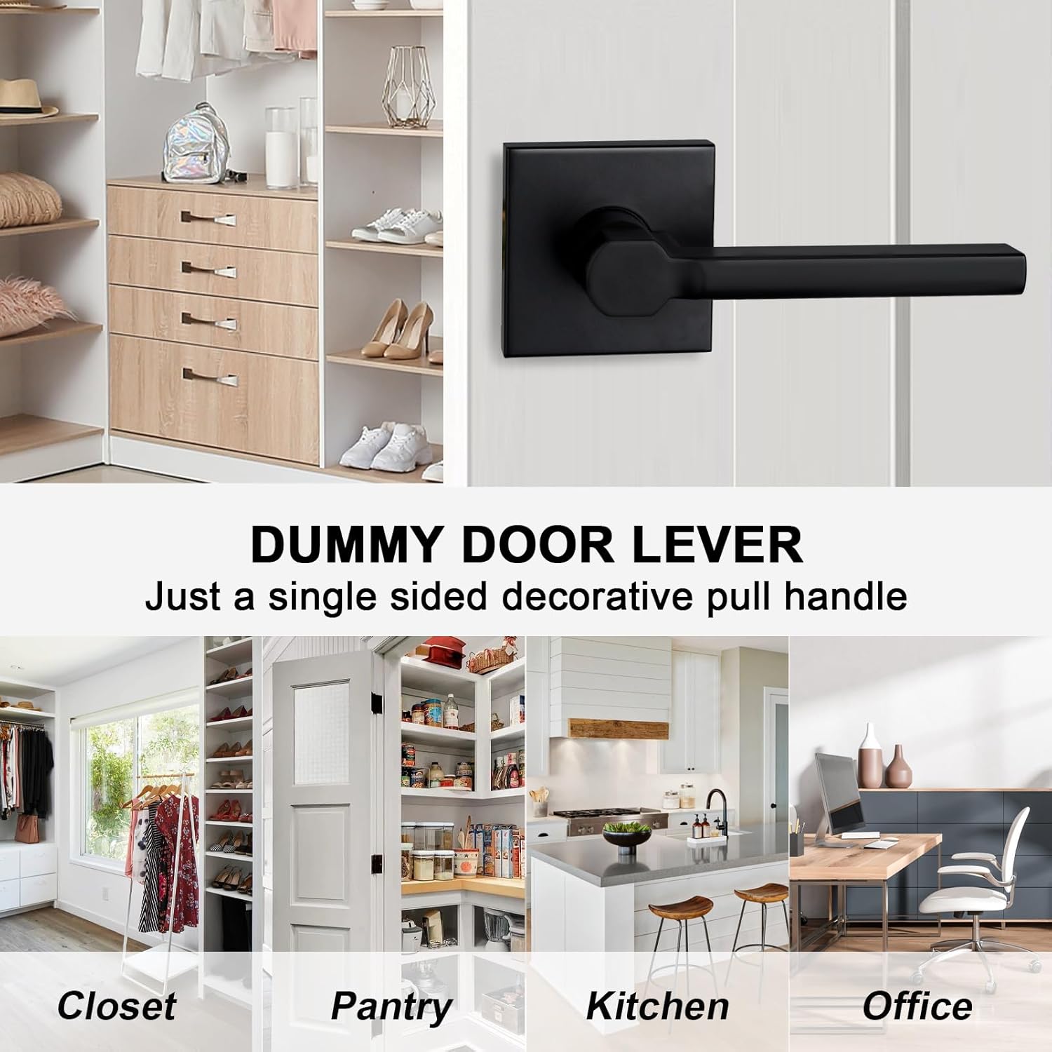8 Pack Dummy Door Levers in Matte Black, Heavy Duty Interior Handle Lock for Closet Pantry, Non-Turning, Single Sided, Reversible for Left/Right Hand
