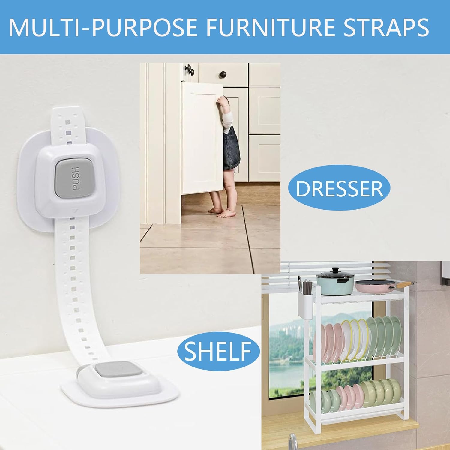 YEYA Upgraded No Drill Anti tip Furniture Wall Anchors Straps for Baby proofing with Strong 3M Adhesive Backing (4 Pack)