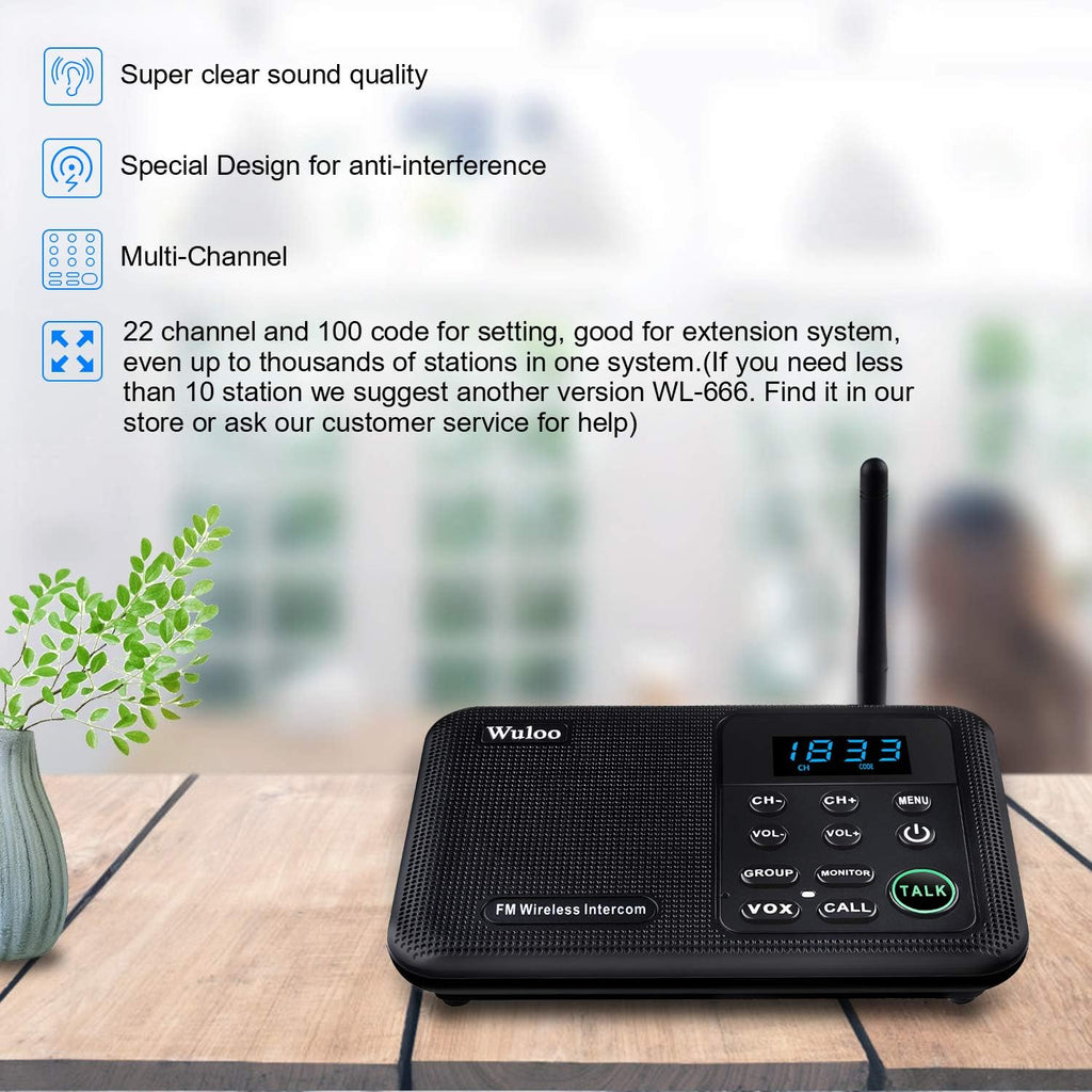 Wuloo Intercoms Wireless for Home 1 Mile Range 22 Channel 100 Digital Code Display Screen, Wireless Intercom System for Home House Business Office, Room to Room Intercom Communication(4Stations Black)