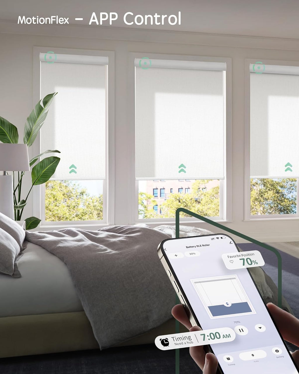 Yoolax Motorized Shades Dual Control, MotionFlex Motorized Roller Shades with App & Manual Control, Pull Down Automatic Shades for Indoor Windows, Custom Size(Light Filtering Pure White)