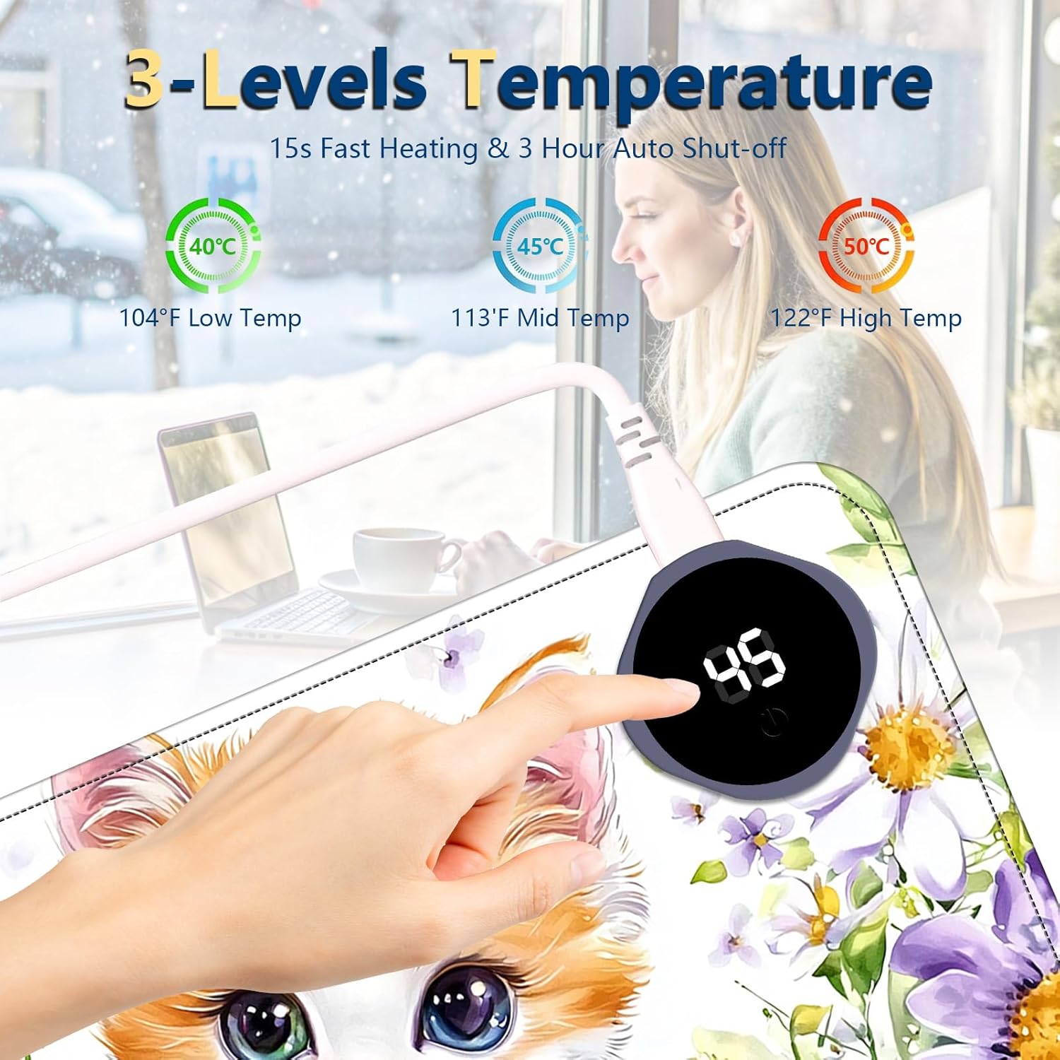 Heated Mouse Pad with 3 Temperature Settings(104°F–122°F),Large 24x14.2 Inch PU Leather Heated Desk Mat,Waterproof Warming Pad for Office,Gaming & Cold Hands Relief,Cute Cat Flower