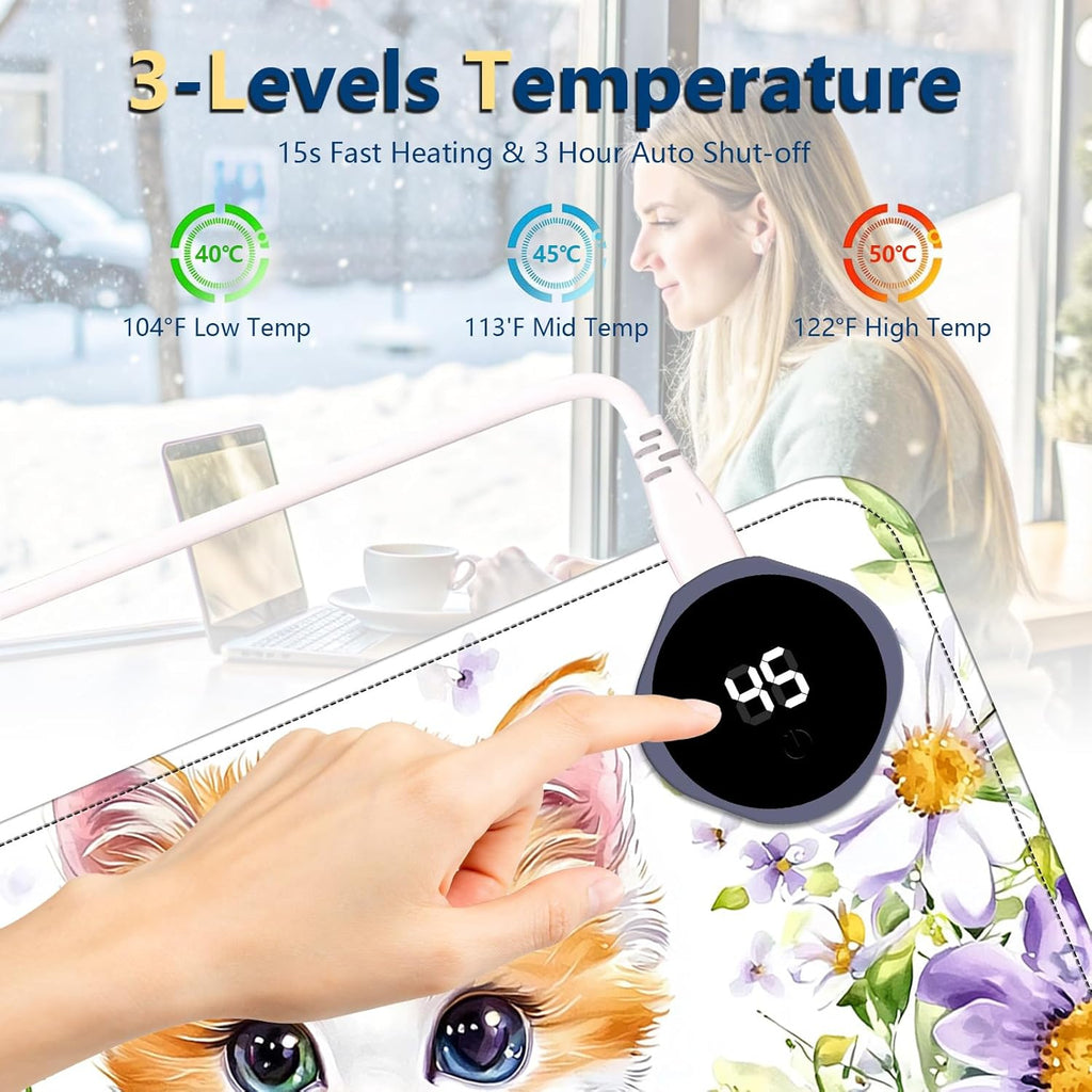 Heated Mouse Pad with 3 Temperature Settings(104°F–122°F),Large 31.5x13 Inch PU Leather Heated Desk Mat,Waterproof Warming Pad for Office,Gaming & Cold Hands Relief,Cute Cat Flower