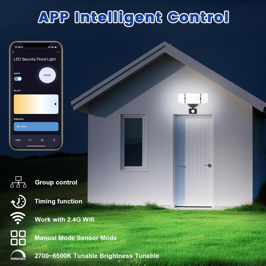 EMANER Smart Security Light Motion Sensor, Compatible with Alexa/Google Home, Adjustable Color Temperature, App Controlled WiFi Flood Light 2800LM Dimmable for Garage Driveway Porch (Black, 1-Pack)