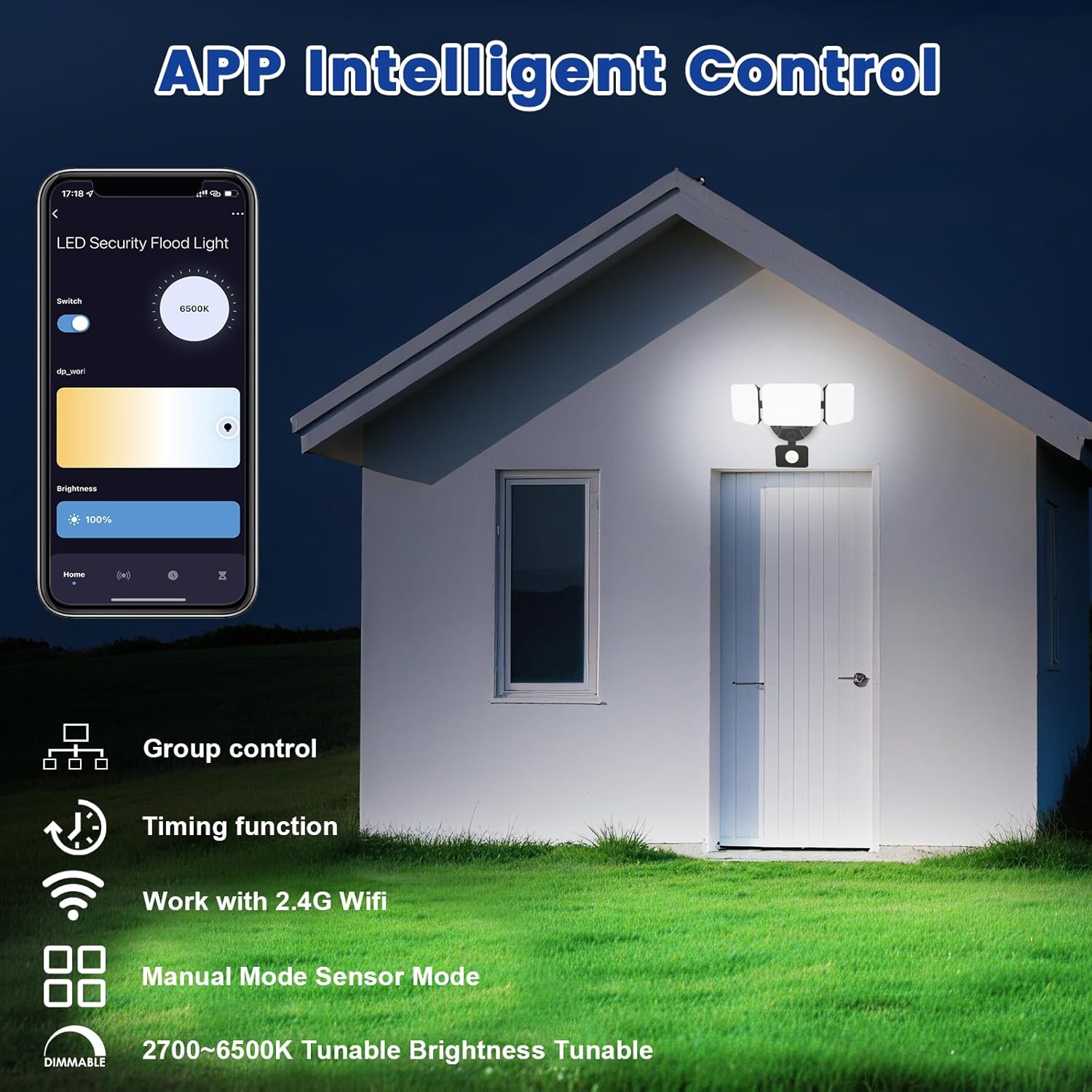EMANER Smart Security Light Motion Sensor, Compatible with Alexa/Google Home, Adjustable Color Temperature, App Controlled WiFi Flood Light 2800LM Dimmable for Garage Driveway Porch (Black, 1-Pack)